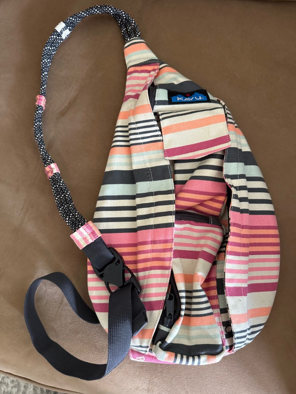 Kavu Pink Multicolor Striped Crossbody Mini Rope Sling Bag